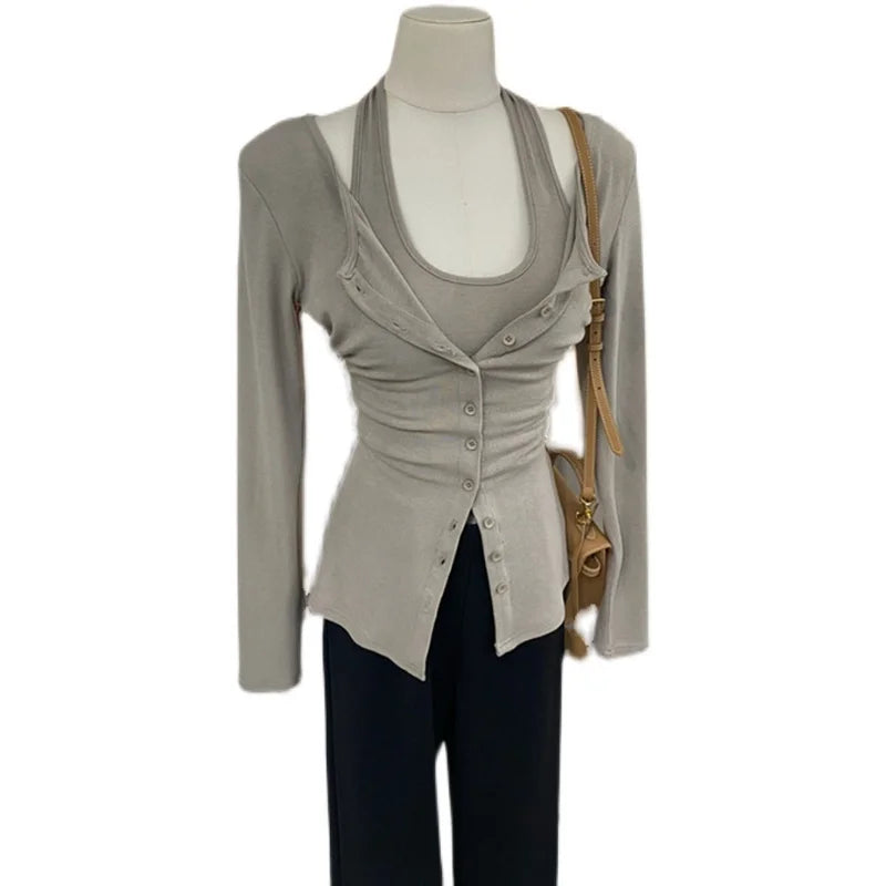 Ele ort Sve V-Ne Button-Up Cardigan Women's Slim Fit Ne Hanging Strap One Row of Buttons Spring Autumn New Sle