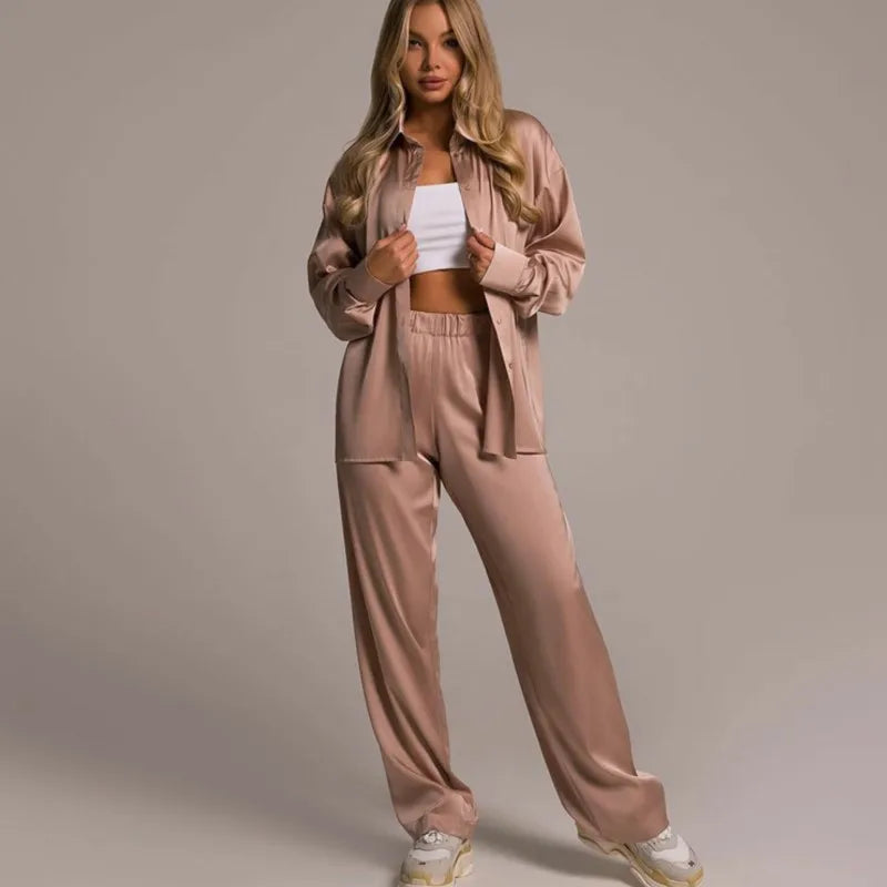 Spring And Summer Lady Long Pants Set Elegant Satin Silk Long Sleeved Loose Shirt Wide Leg Pants Two-piece Set Women Outerwear