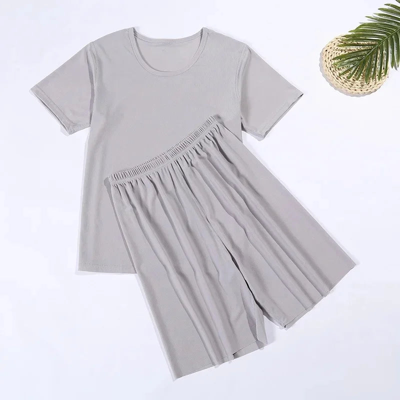 Summer Lightweight Loose Casual Short Sleeve T-Shirt Five-Point Pants Sleepwear Set for Men And Women Home Comfortable Pyjamas
