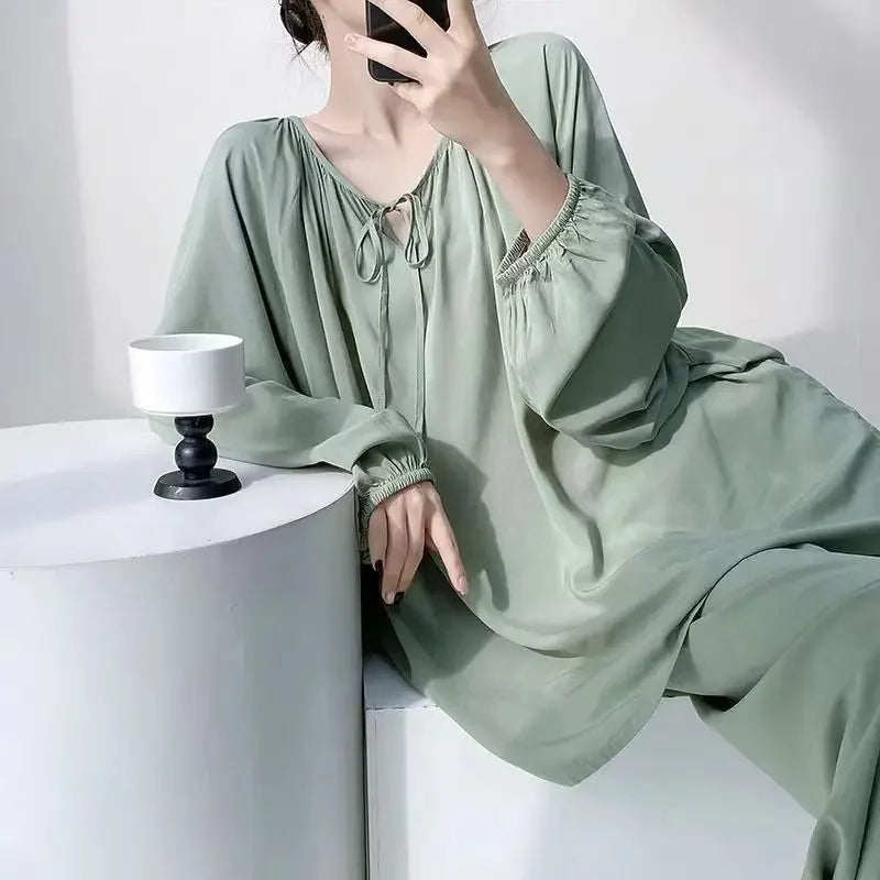 Spring Autumn Cotton Silk Sleepwear Women Loose Thin Home Clothes Set Large Size V-neck Comfortable Breathable Home Fashion