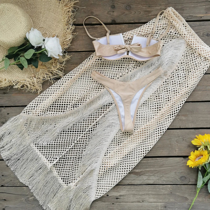 2025 Sexy Gold Bikini Top with Fringe Mesh Skirt - Adjustable Straps and Stylish Look, Perfect for Beach Wear and Pool Parties