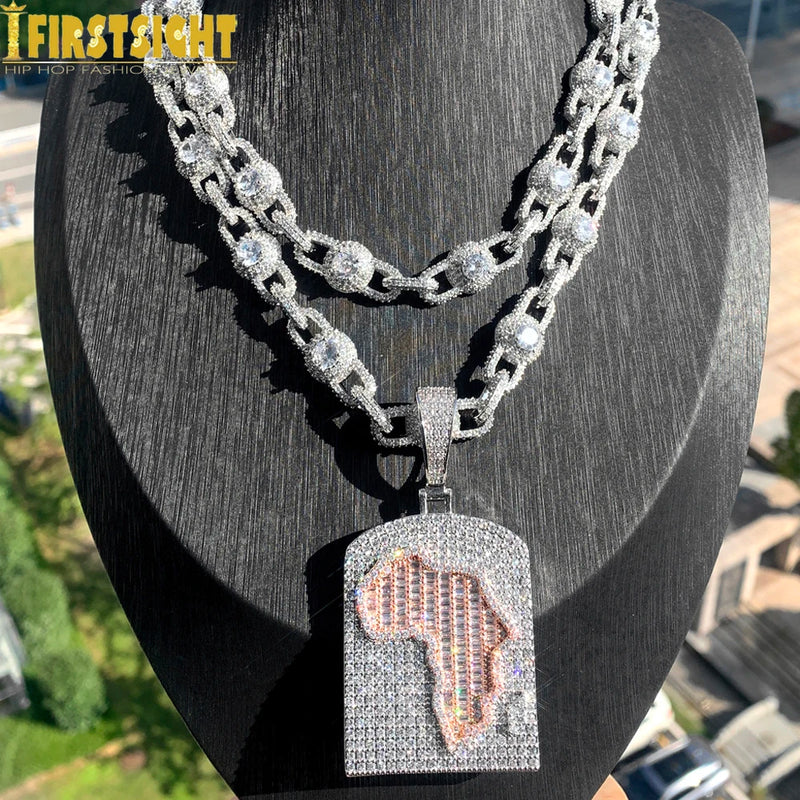 Iced Out Bling Africa Map Pendant Necklace Cubic Zirconia Silver Color Eye Cuban Chain Charm Men Fashion Hip Hop Jewelry
