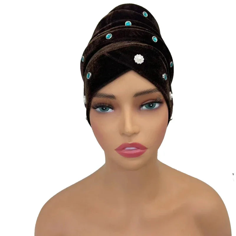 1 pc feminino veludo turbante bonnet diamantes africano aso oke headtie muçulmano cabeça envolve islâmico femme musulman lenço chapéu