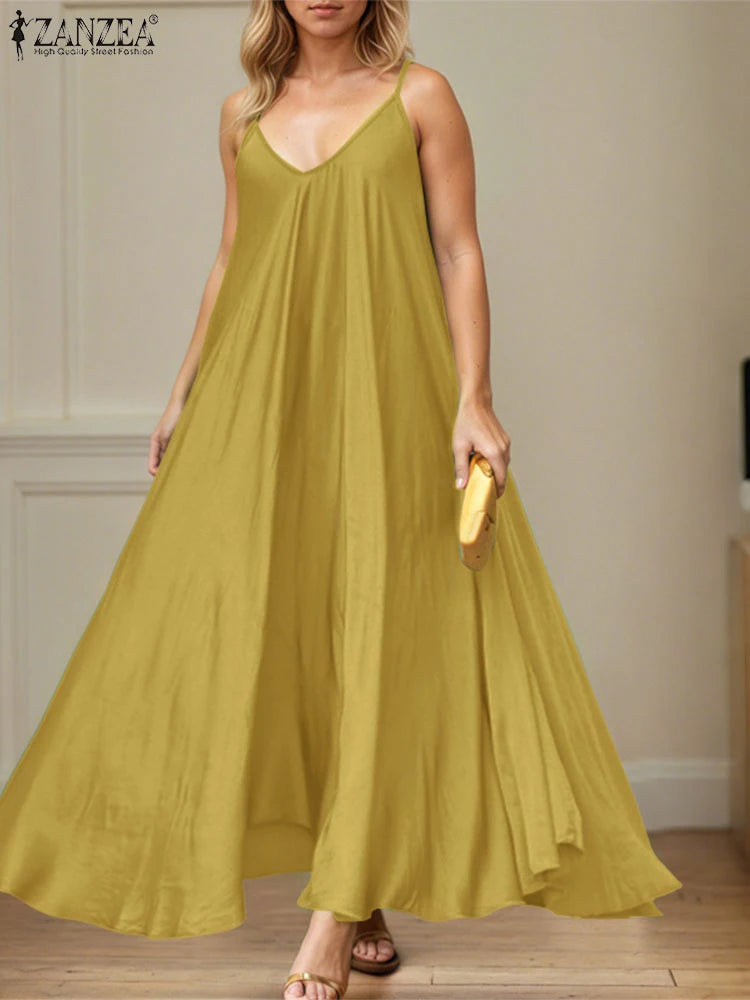 ZANZEA Sleeveless 2025 Summer A-Line Robes Femme Casual Vacation Woman Spaghetti Straps Sundress Day Wear V-Neck Maxi Dresses