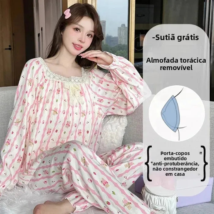 Elegant Women's Bow Long Sleeve Pajama Set With Chest Pad Autumn/Winter New Style Cloud Cotton One-Row Collar Home Clothes