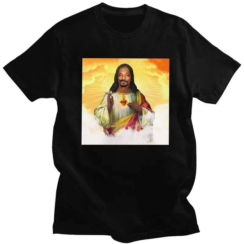Custom Funny Saint Jesus Snoop Dogg Tshirt for Men Short Sleeve Leisure T Shirt Cool T-shirts Slim Fit 100% Cotton Tee Gift