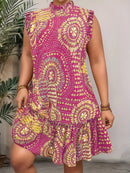 Plus size 2025 verão novo feminino elegante fino ajuste vestido de manga curta-preto ouro e vermelho paisley impressão bainha franzida em torno do pescoço