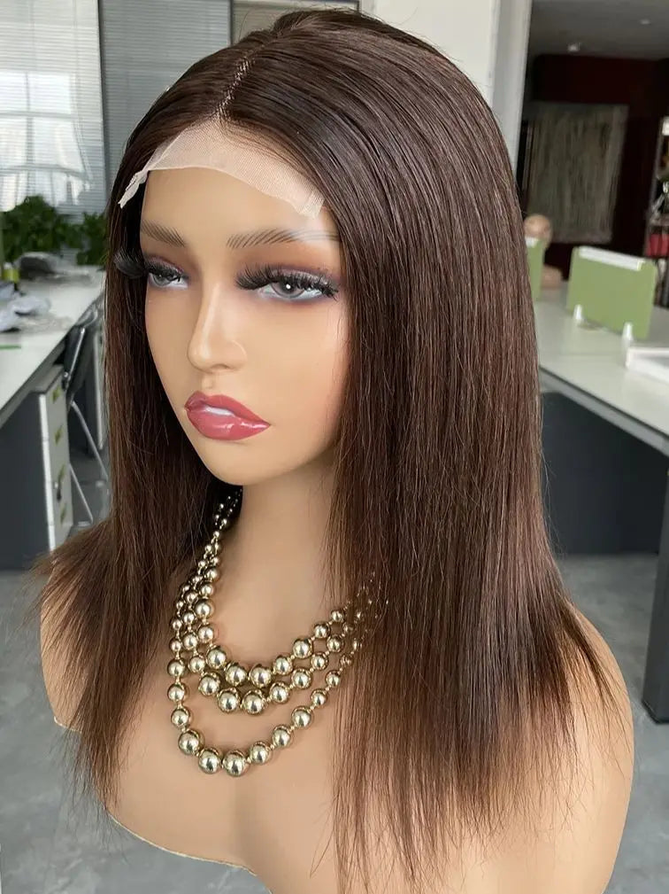 Middle Part Brown Straight Human Hair Wig For Women Short 12-20 inch Easy Wear Transparent Lace Closure Wig BOBBI