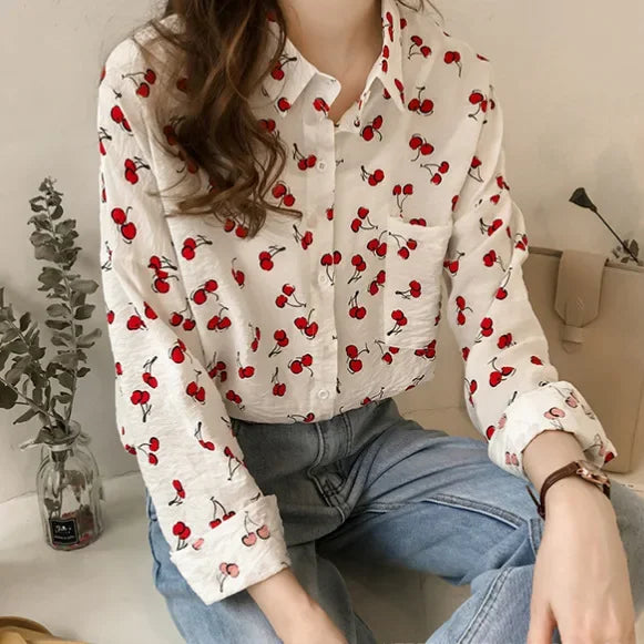 Plus Size Women's Cherry Print Long Sleeve Shirt Loose Fit Base Layer Top For Spring And Autumn 2024 New Style Clothing