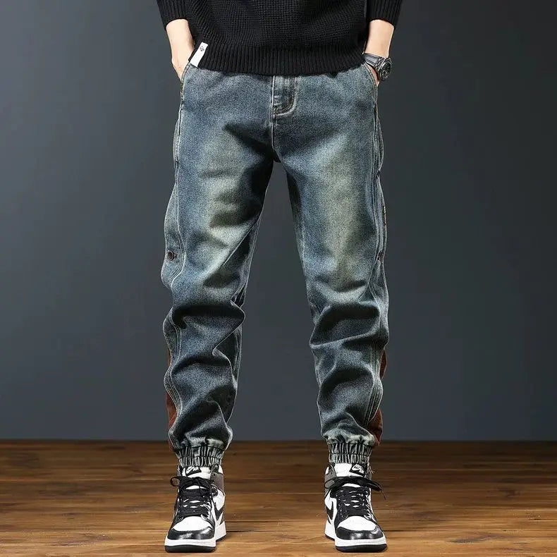 American Sle Spliced Work Pants Men's Loose Casual Cargo Jeans Long Trousers Spring Summer Autumn New Heavyweight Model