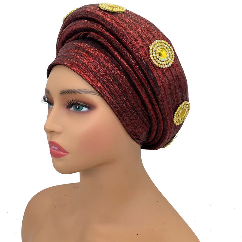 Already Made African Headtie Glitter Diamonds Women's Turban Cap Female Head Wraps Nigeria Wedding Auto Geles Party Headwear Hat
