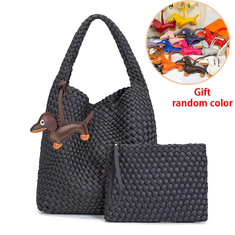High Quality Handmade Woven Bags Ladies Neoprene Top-handle Shoulder Bag Travel Shopper Hobo Tote Bag with Purses for Women
