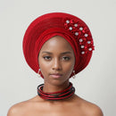 Vermelho Multi-Layered chapéu de turbante, Africano Fan Shaped cabeça Wraps, Headwear plissado com Cristal, Nigéria Headtie, Auto Gele, Casamento