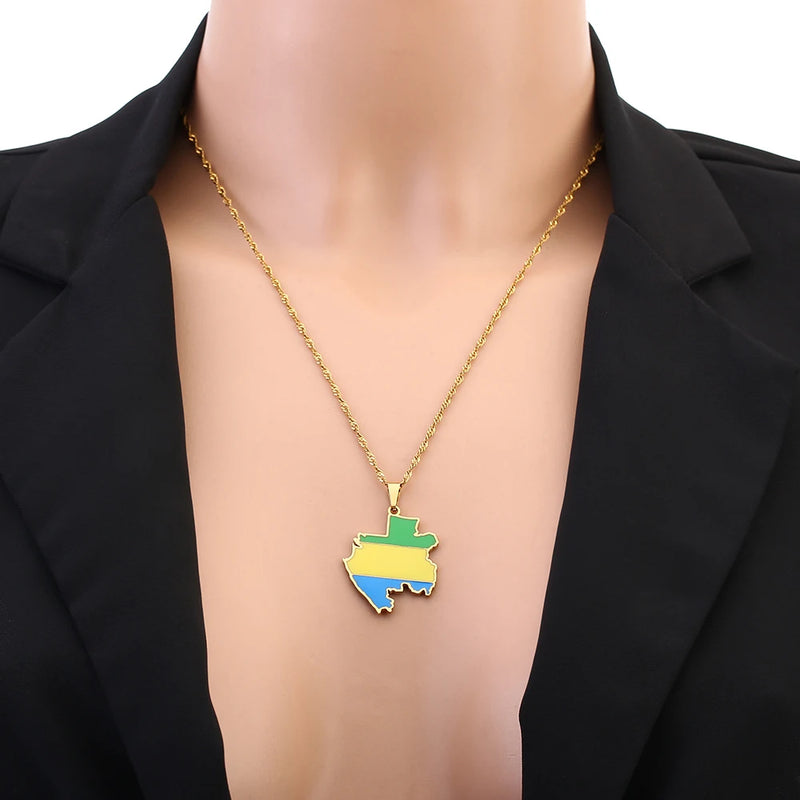 Fashion Enamel Drop Oil Gabon Map Flag Pendant Necklace For Women Stainless Steel Gabonaise Charm Jewelry Patriotic Gift