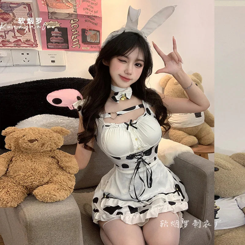 Lolita anime cosplay traje empregada role play lingerie sexy coelho vaca roleplaying dupla camada kawaii vestido de festa perna banda conjunto