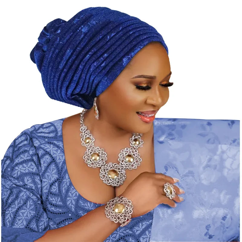 African Lady Headpiece Muslim Headscarf Hat Glitter Fabric Turban Cap for Women Pleated Head Wraps Bonnet