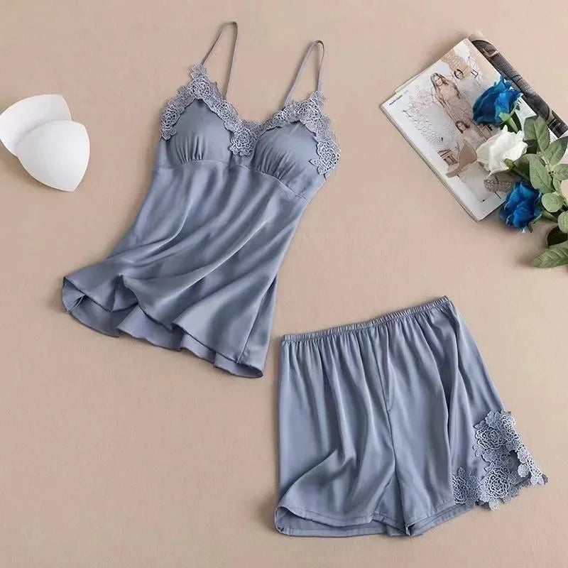 Summer Ice Silk Thin Strap Sleepwear Sexy Women's Home Clothes with Chest Pad High End Sensual Nightgown V-neck No Sleeve