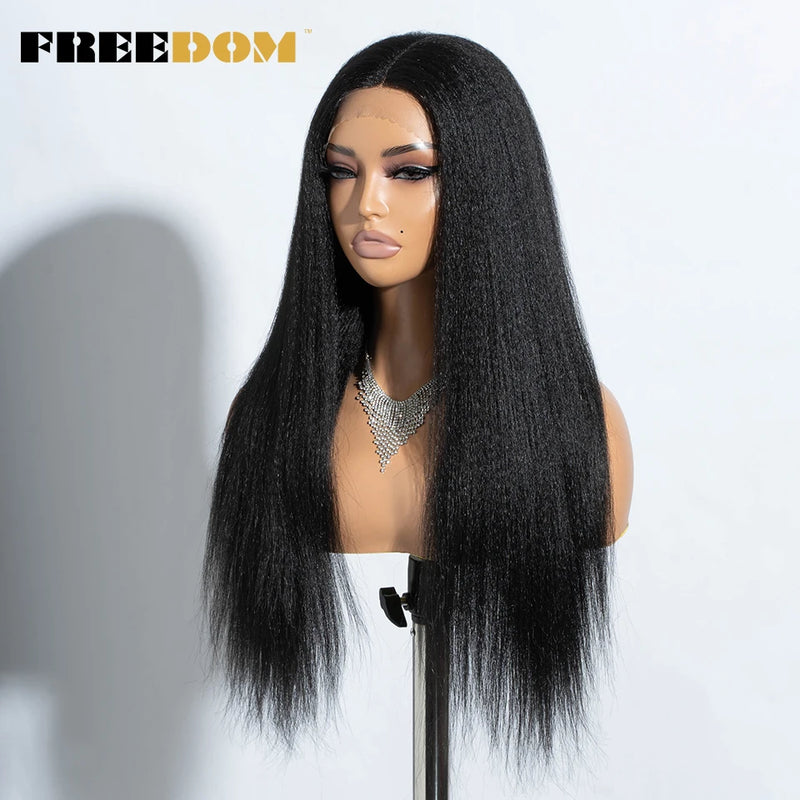 FREEDOM Yaki Straight Synthetic Lace Front Wigs For Women 26" Ombre Brown Blonde Lace Wig Heat Resistant Clearance Cosplay Wig
