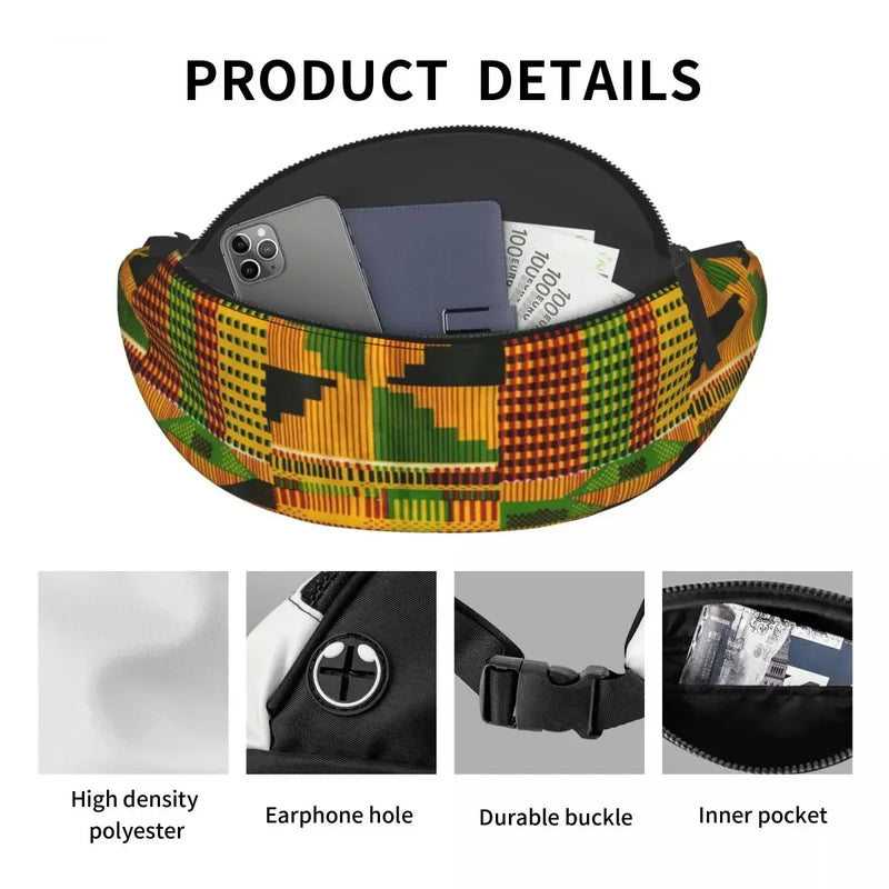African Kente Cloth Design Fanny Pack for Men Women Africa Ethnic Pattern Crossbody Waist Bag Cycling Camping Phone Money Pouch