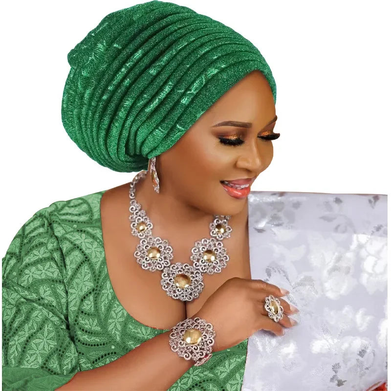 African Lady Headpiece Muslim Headscarf Hat Glitter Fabric Turban Cap for Women Pleated Head Wraps Bonnet