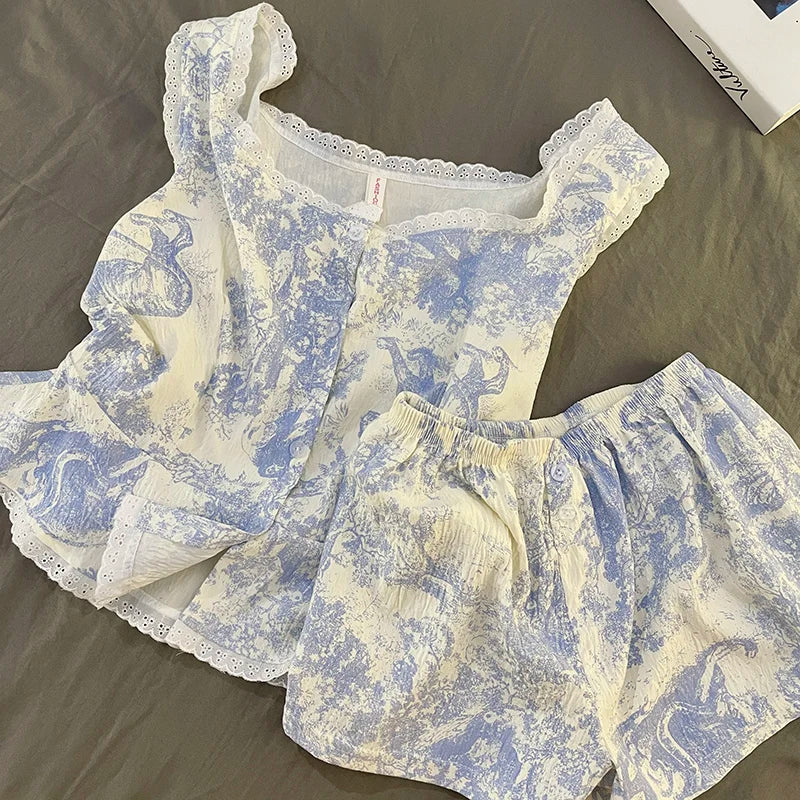 Summer Svel Women's Spwear Set Home Clothes Small Lace Trim Top And orts Outfit Lightweight Cloud Cotton Nightgown