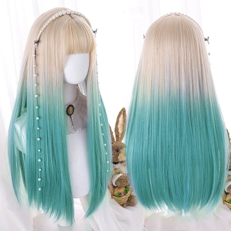 OLACARE  Synthetic Long Straight Lolita Wig with Bang Black Red Two-Tone Cosplay Party Halloween Christmas Wavy Curly Wig
