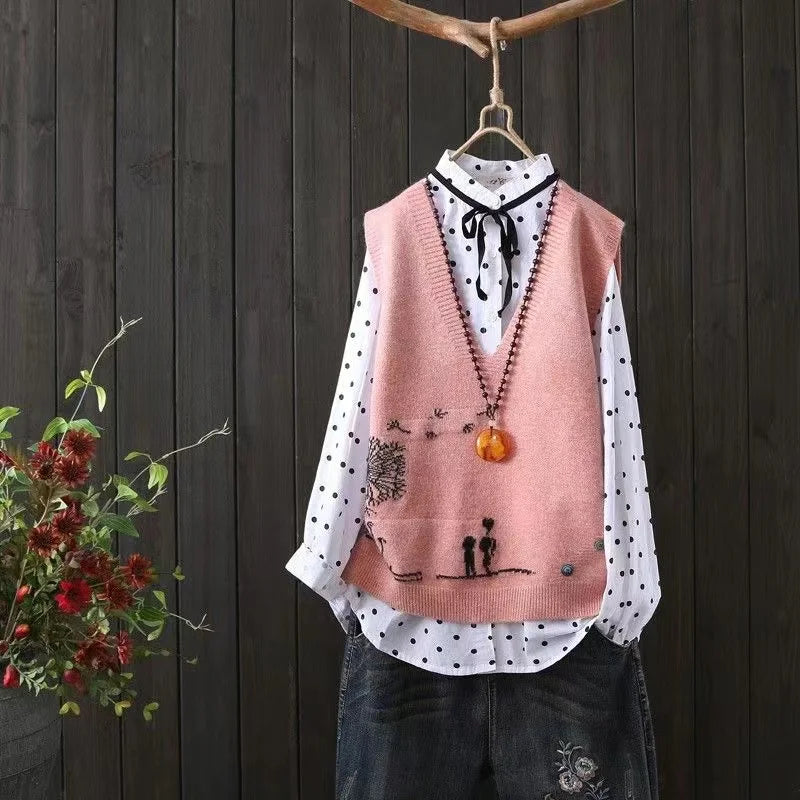 Artistic Knitted Sweater Vest Women's Faionable Yarn Top V-ne Button Detail Regular Length Pure Color Commute Sle
