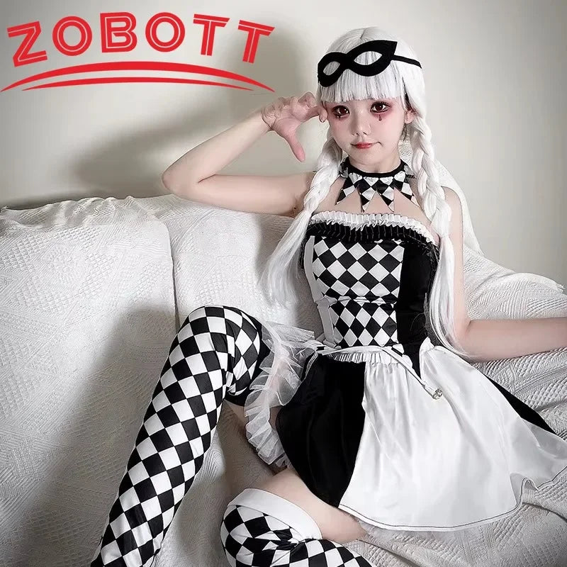 Adulto feminino impertinente palhaço traje jester coringa sexy outfit arlequim halloween sinister circo galinha festa fantasia vestido