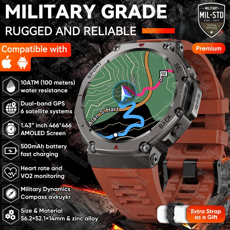 Novo t-rex 3 banda dupla gps militar relógio inteligente 48mm 10atm resistente à água 500mah bateria bússola altímetro smartwatch para huawei