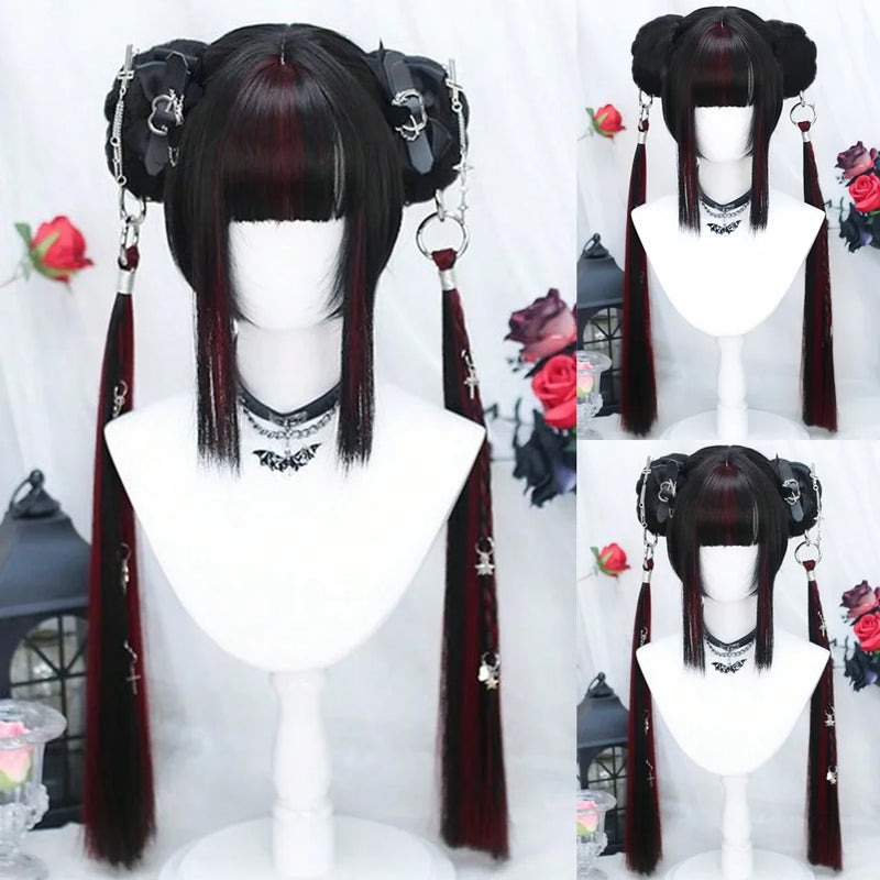 OLACARE  Synthetic Long Straight Lolita Wig with Bang Black Red Two-Tone Cosplay Party Halloween Christmas Wavy Curly Wig