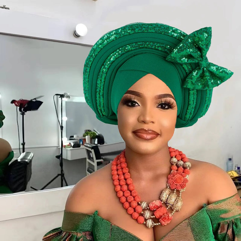 Lantejoulas Bowknot Headtie Africano, Nigeriano Auto Gele Envoltórios Cabeça das Mulheres, Já Feito Boné de Turbante, Casamento Geles Festa Capacete