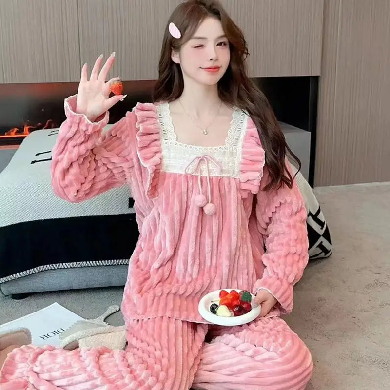 Winter Coral Fleece Womens Thermal Pajamas Set Lovely Lace-trimmed Thickened Homewear Warm Suit V-neck Fluffy Nightwear 2Pcs