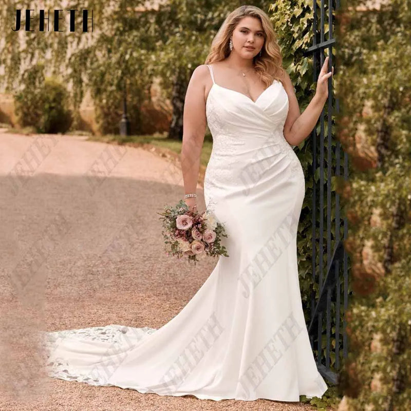 JEHETH Exquisite V-Neck Wedding Dresses Plus Size Spaghetti Straps Backless Bride Gowns Soft Satin Mermaid vestidos Customized