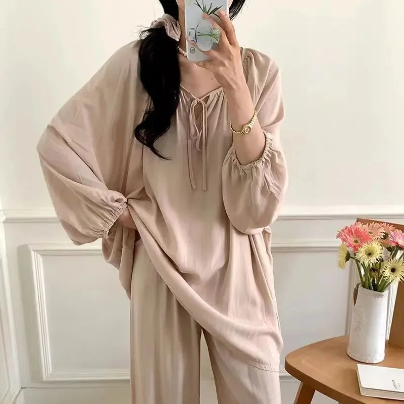 Spring Autumn Cotton Silk Sleepwear Women Loose Thin Home Clothes Set Large Size V-neck Comfortable Breathable Home Fashion