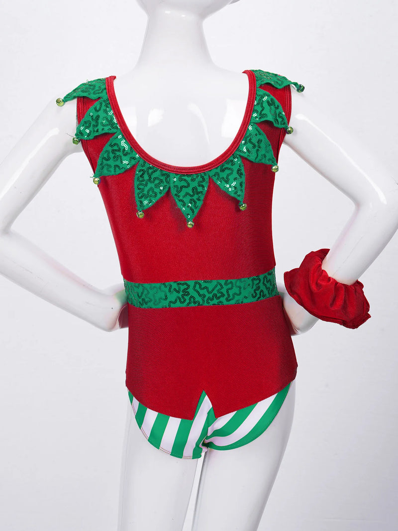 Girl Christmas Gymnastic Leotards with Headband Outfit Sleeveless Ballet Dance Bodysuit Xmas Elf Costume Xmas Athletic Dancewear