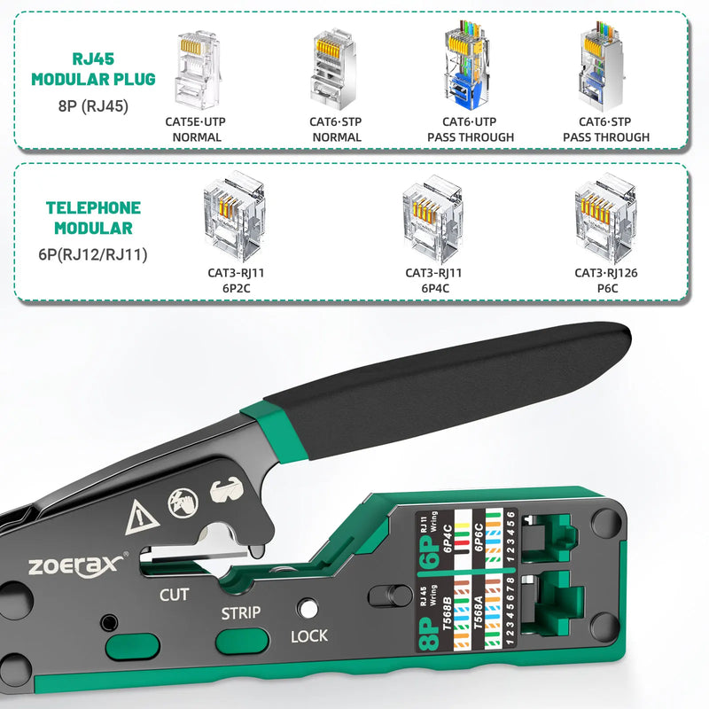 ZoeRax RJ45 Ferramenta de crimpagem passar através do cortador de crimper para Cat6 Cat5 Cat5e 8P8C Conector modular Ethernet Ferramenta de fio tudo-em-um