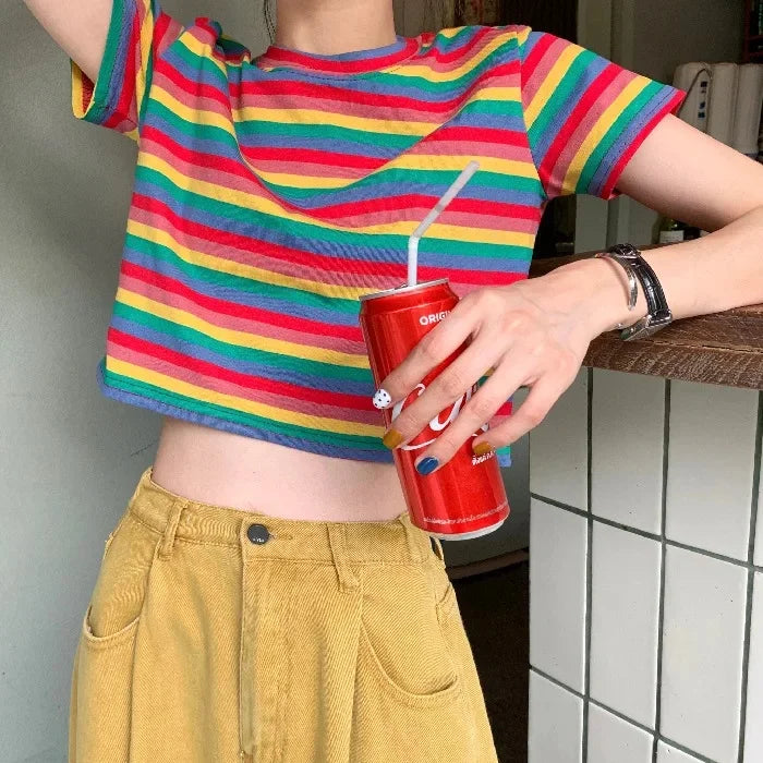 2024 New Summer Cropped Short Sleeve T-Shirt Women's Trendy Loose Fit Rainbow Stripe Crew Neck T-Shirt CECLAW