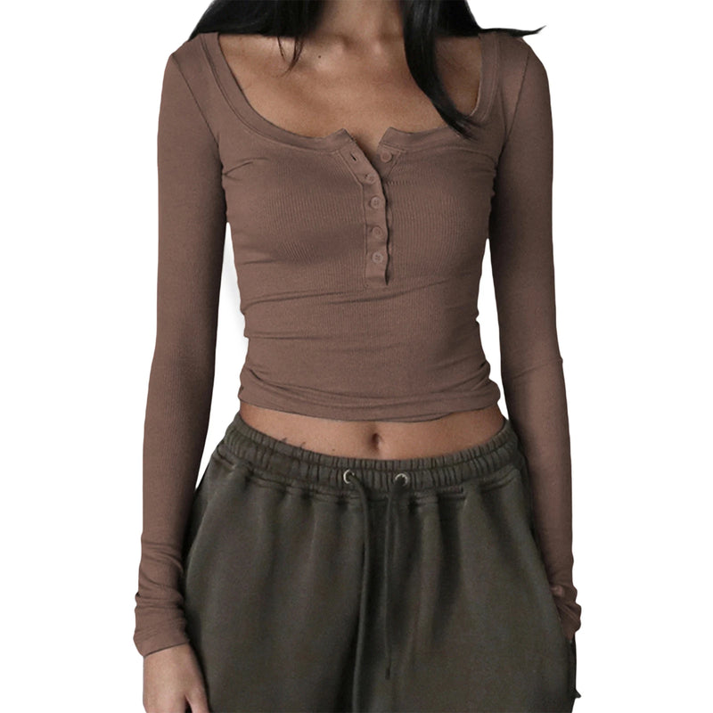 Women Knitted Henley Shirt Casual Solid Color Retro 1/2 Button Long Sleeve Crop Tops Streetwear Clubwear