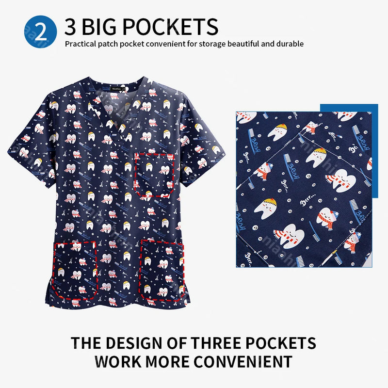 Medical Uniform Tops for Women Medical Print V-Neck Clinical Uniform T-shirts Short Sleeved Pocket Tops Surgical Uniforms Woman
