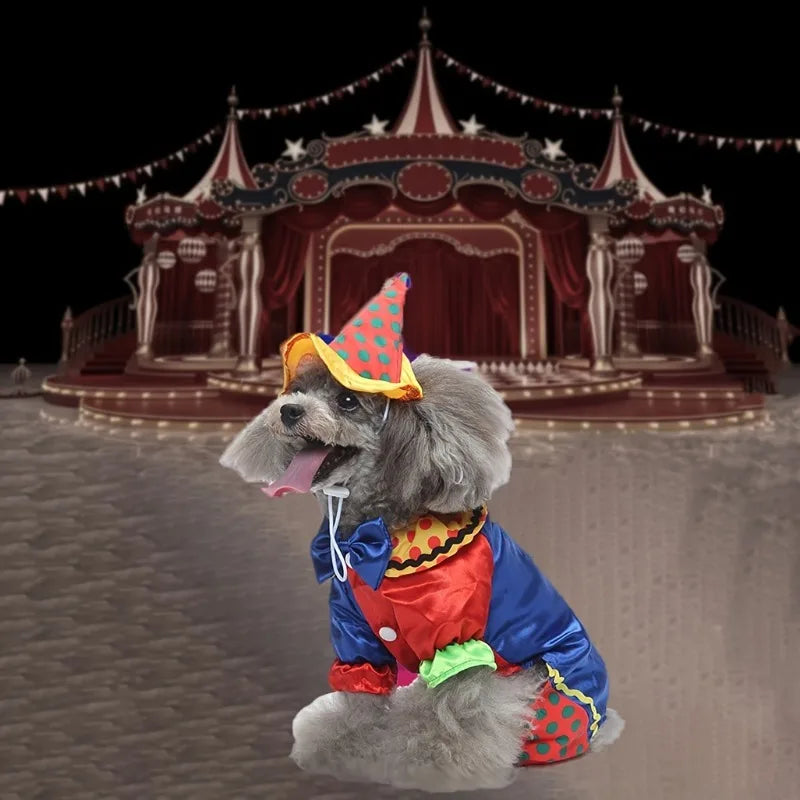 Pet Dog Clown Costume with Hat Halloween Cosplay Party Cat Clown Costume Funny Pet Circus Outfit Christmas Durable Dog Apparel