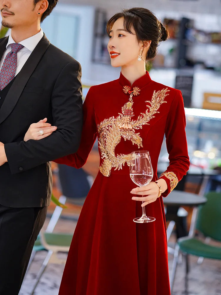 Phoenix Burgundy Formal Party Dress Oversize 6XL 7XL 8XL Velvet Chinese Style Cheongsam Bridal Wedding Dress Grace Vestidos