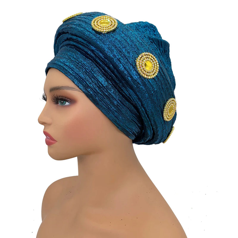 Already Made African Headtie Glitter Diamonds Women's Turban Cap Female Head Wraps Nigeria Wedding Auto Geles Party Headwear Hat