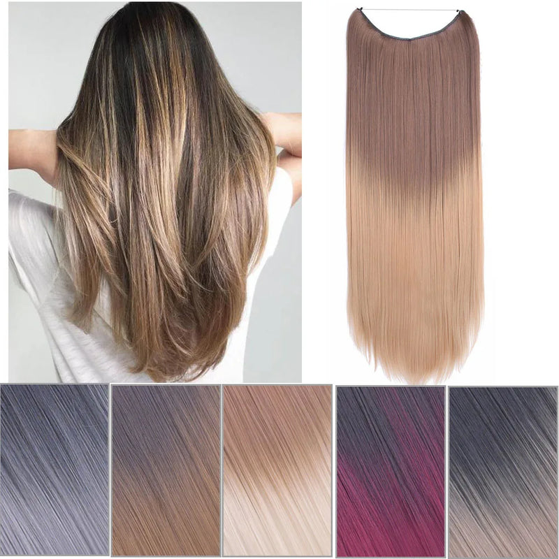 Jeedou One Piece Synthetic Hair Extension No Clips Whit Invisible Line Straight&Wavy Hair Hairpieces Brown Blue Ombre Color