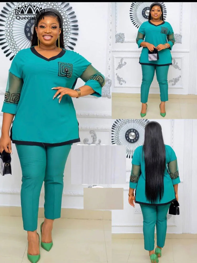 Terno africano de 2 peças para mulheres, top e calça de alta qualidade, 4 cores, manga, bordado avançado, diamante, novo, TZ18