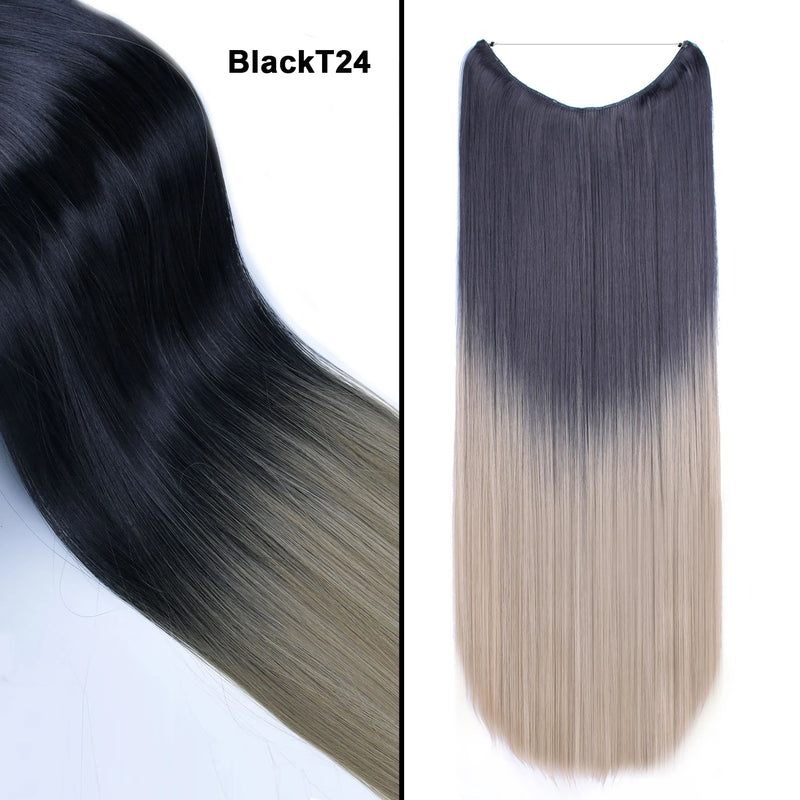 Jeedou One Piece Synthetic Hair Extension No Clips Whit Invisible Line Straight&Wavy Hair Hairpieces Brown Blue Ombre Color