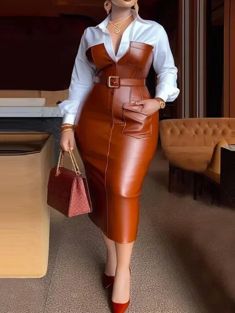 2025 Womens Dresses Shirt PU Skirt New Autumn Buttons Long Sleeve Patchwork Pocket Skinny Belted Lapel Female Midi Dress