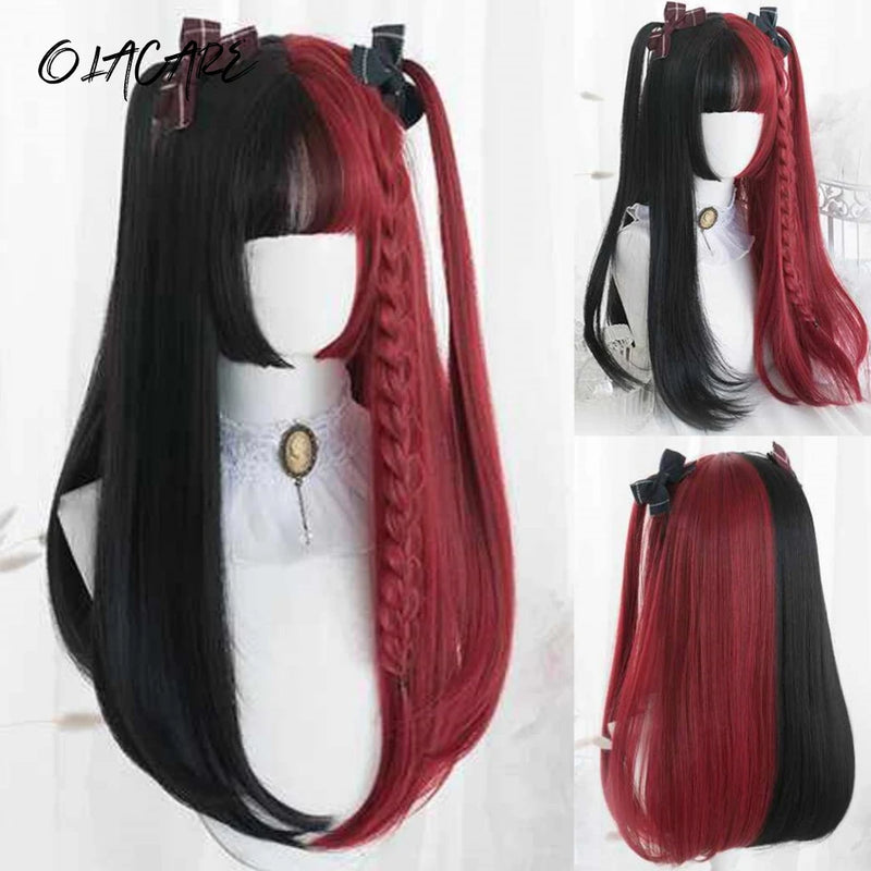 OLACARE  Synthetic Long Straight Lolita Wig with Bang Black Red Two-Tone Cosplay Party Halloween Christmas Wavy Curly Wig