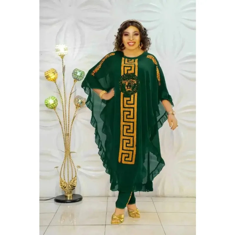 African Plus Size Chiffon Medium-Length Three-Piece Suit Ultra-Fine Fiber Five-Sleeve Fly Sleeve Chiffon Skirt Set