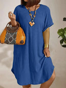 Roupas femininas europeias e americanas de tamanho grande 2025 verão novo vestido de cor sólida de manga curta tamanho grande