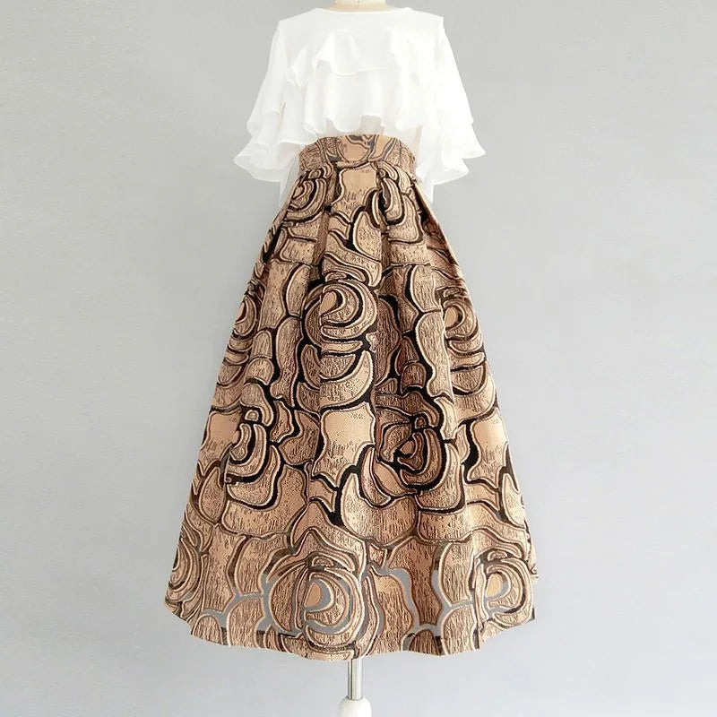 High-End Temperament Jacquard Hollow Out Elastic Waist Irregular Skirts 2023 Vintage All-match A-line Skirt Streetwear Long Skir